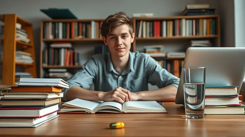 Estudante concentrado em seus livros e laptop, com um suplemento e um copo de água ao lado, ilustrando o uso de suplementos para foco nos estudos.