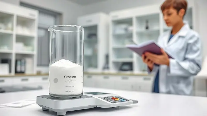 Cena de laboratório com creatina sendo pesada em balança de precisão, ilustrando o processo de testes da ANVISA e ABENUTRI.