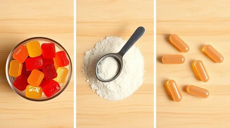 Diferentes tipos de multivitamínicos: gomas, pó e cápsulas, dispostos lado a lado sobre uma mesa para comparação.