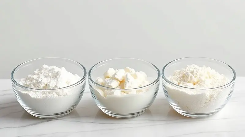 Três tipos de whey protein - concentrado, isolado e hidrolisado - mostrando as diferenças de textura e pureza.