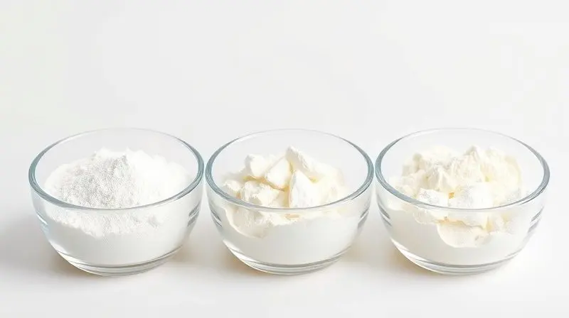 Três potes de vidro mostrando as texturas dos diferentes tipos de whey protein: concentrado, isolado e hidrolisado, lado a lado.