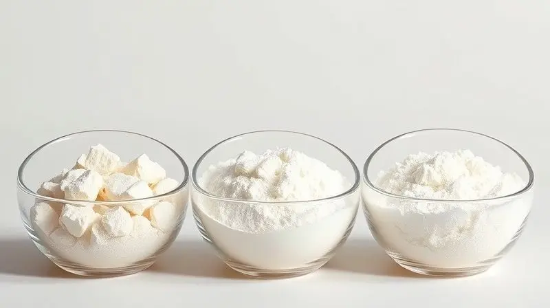 Três tipos de whey protein - concentrado, isolado e hidrolisado - exibidos em tigelas de vidro para mostrar suas diferentes texturas e pureza.