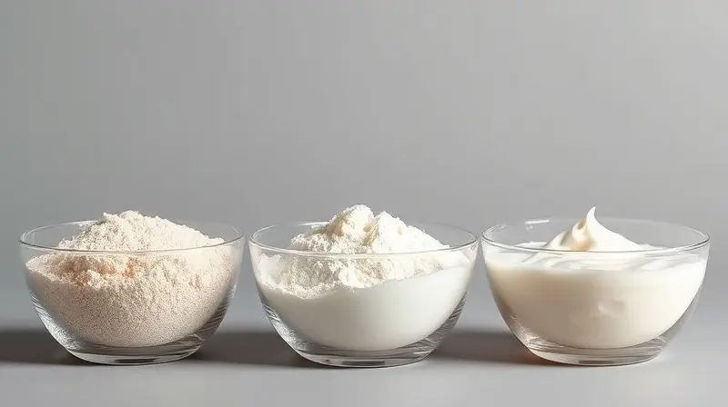 Três tigelas de vidro mostrando as diferentes texturas dos tipos de whey protein: concentrado, isolado e hidrolisado.