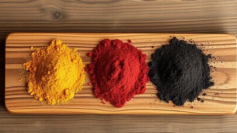 Comparativo visual dos três tipos de maca peruana em pó: amarela, vermelha e negra, mostrando as diferenças de coloração entre elas.