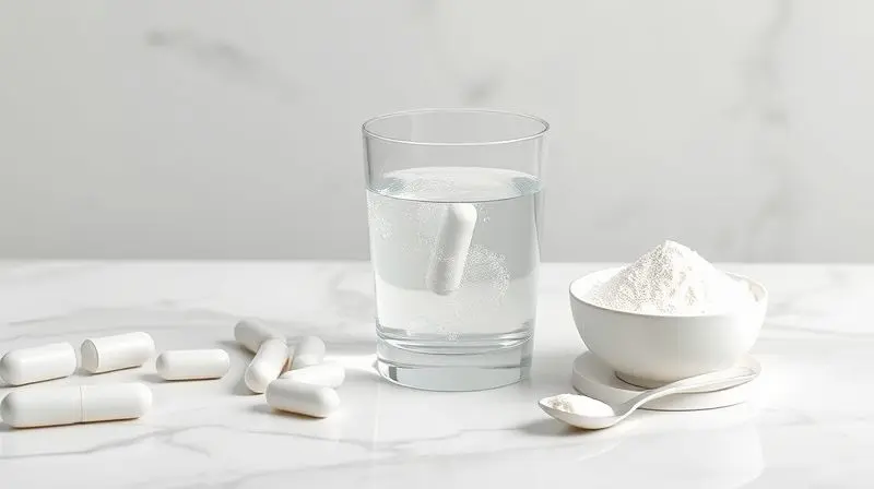 Comparativo visual dos tipos de suplemento: vitamina C em cápsula, comprimido efervescente dissolvendo em água e em pó.