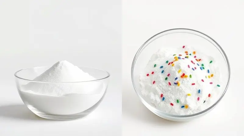 Comparativo visual entre o waxy maize puro, um pó branco, e um blend com ingredientes adicionais coloridos.
