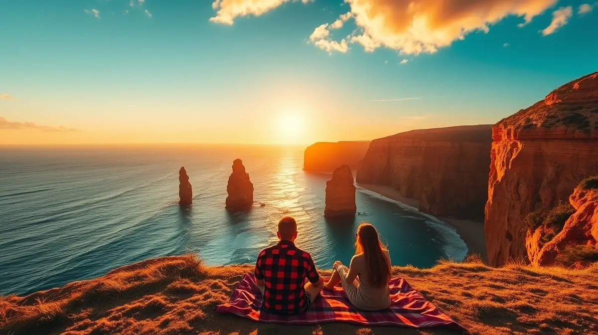 Um casal a fazer um piquenique numa falésia na costa do Algarve ao pôr do sol, ilustrando uma viagem romântica e sustentável em Portugal.