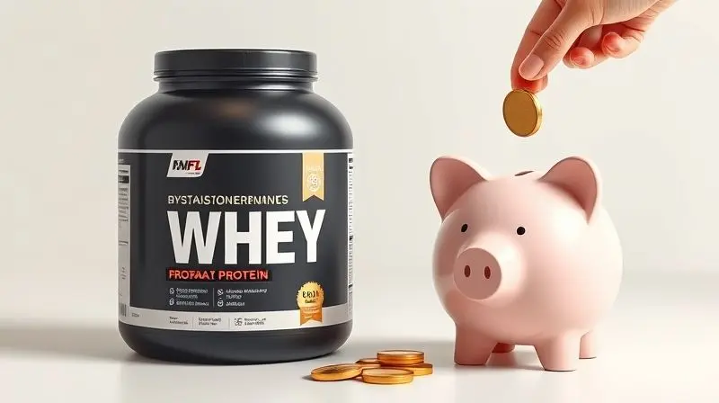 Conceito de whey protein custo-benefício, com um pote de suplemento ao lado de um cofre de porquinho, simbolizando economia e bom investimento.