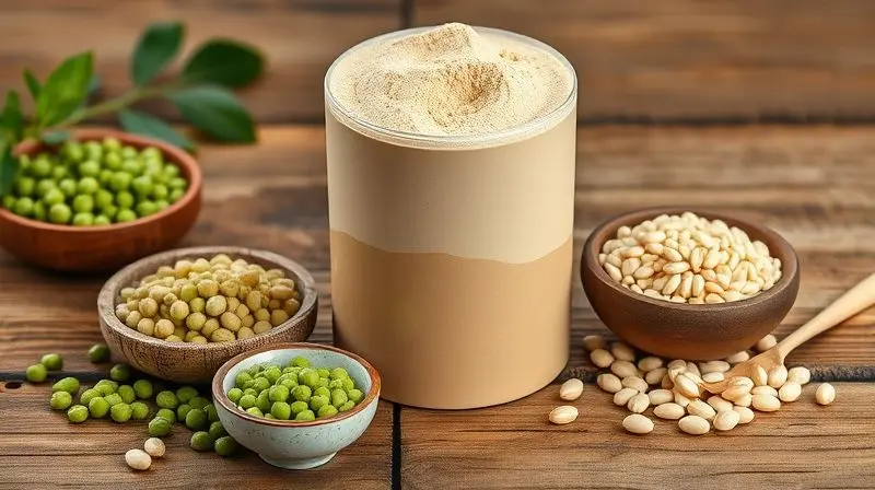 Opção de whey protein vegano, com um pote de suplemento cercado por suas fontes vegetais, como ervilha, arroz e soja, em um fundo de madeira.